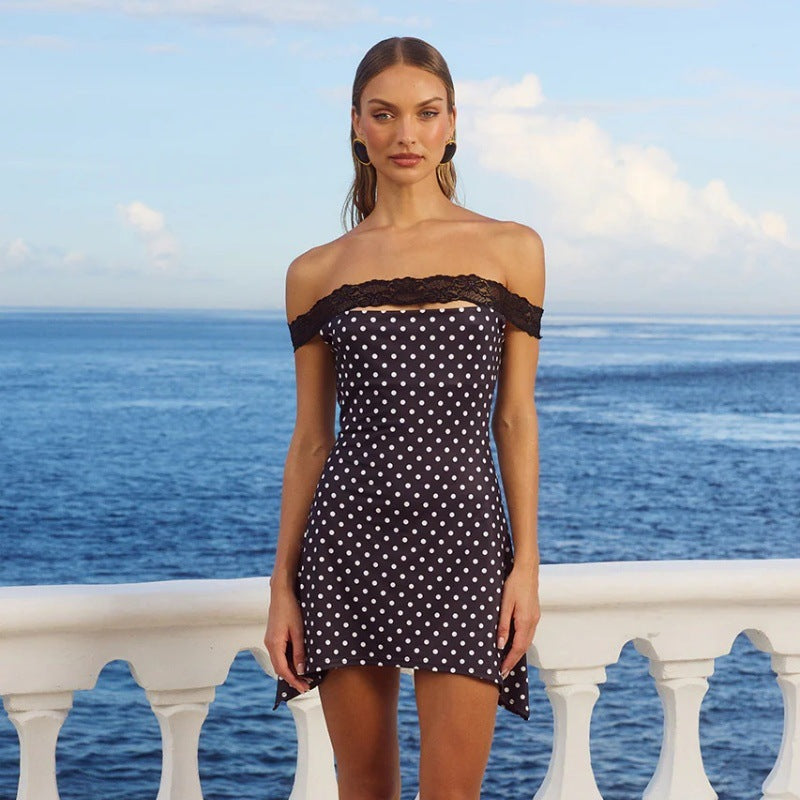 Women Clothing Summer Sexy off Neck Lace Polka Dot Print Slim Fit Sheath Dress