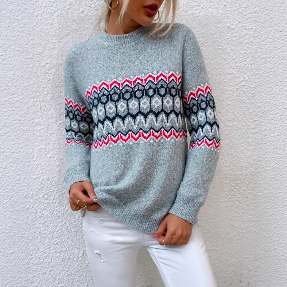 Jacquard Autumn Winter Pullover Mock Neck Sweater Women Casual Long Sleeved Sweater Top