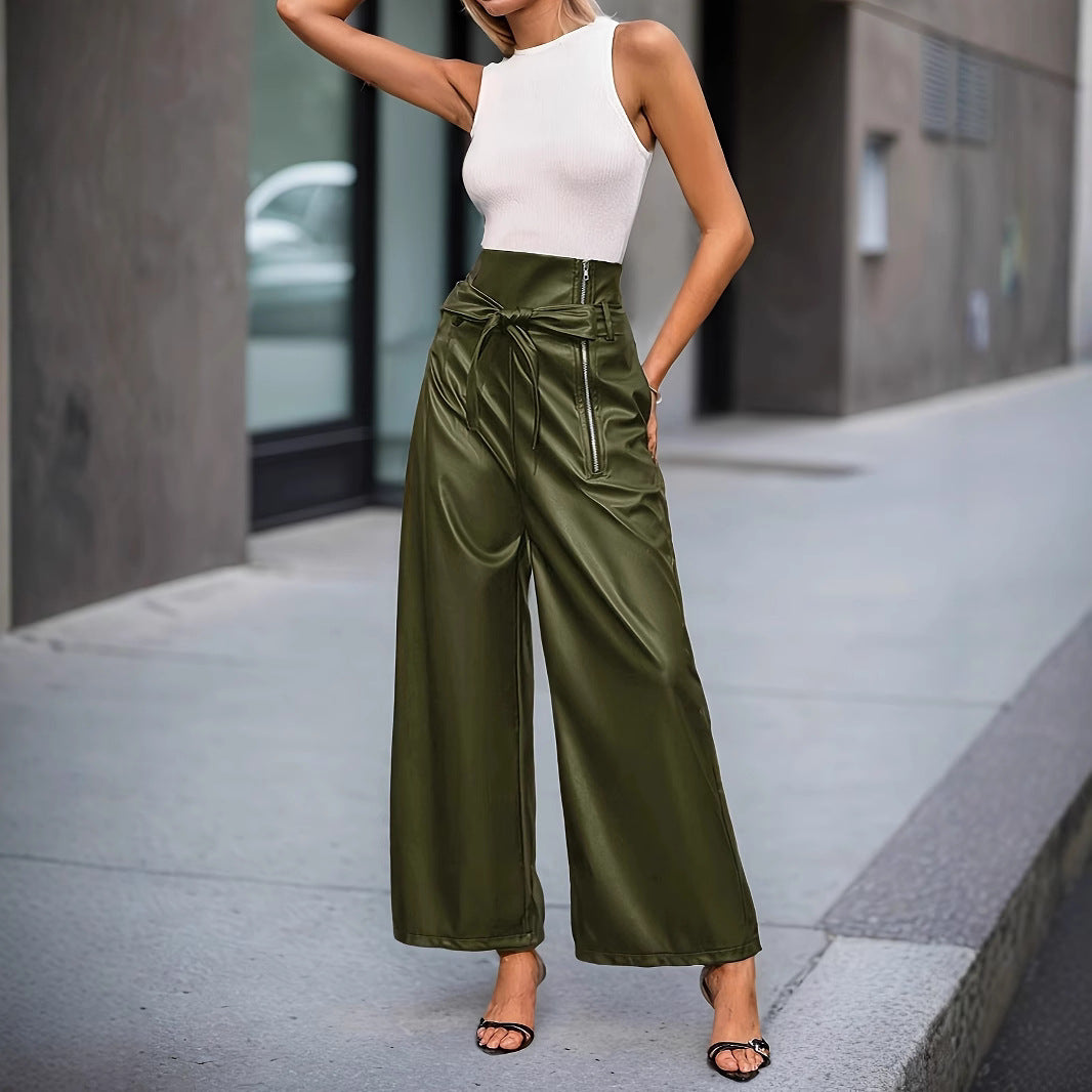 Women Clothing Wide Leg Women Trousers Belt Simple Zipper Loose Casual High Waist Faux Leather Pants