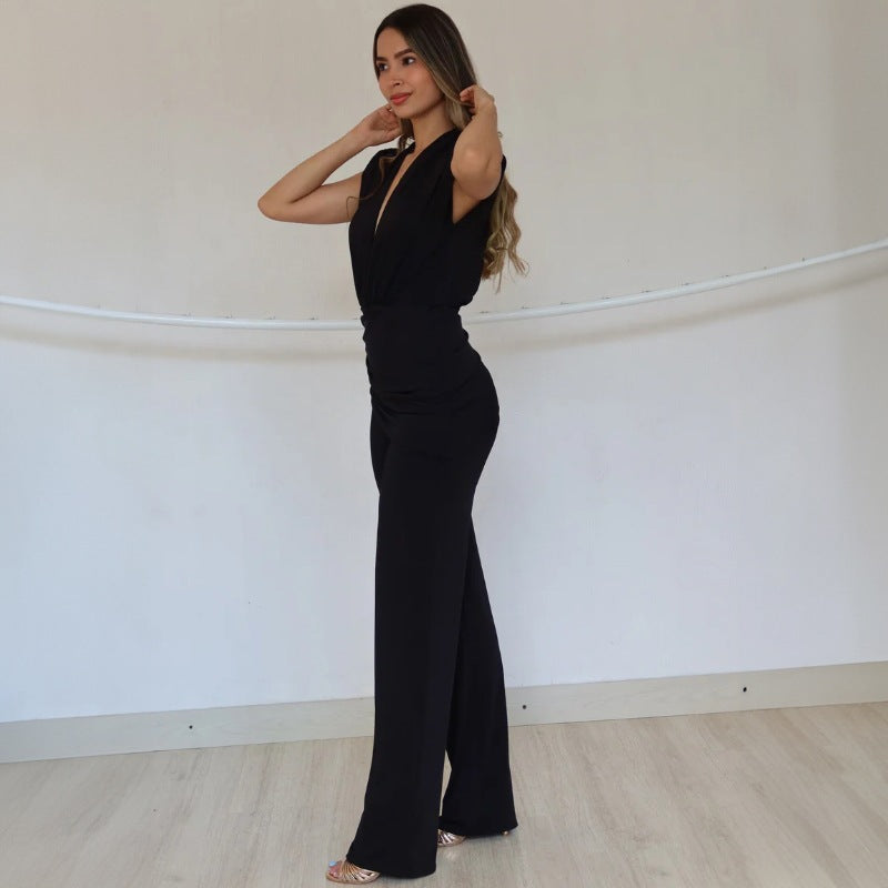 Women Clothing Spring Summer Elegant Deep V Plunge neck Sleeveless Slim Pleated Straight Jumpsuit