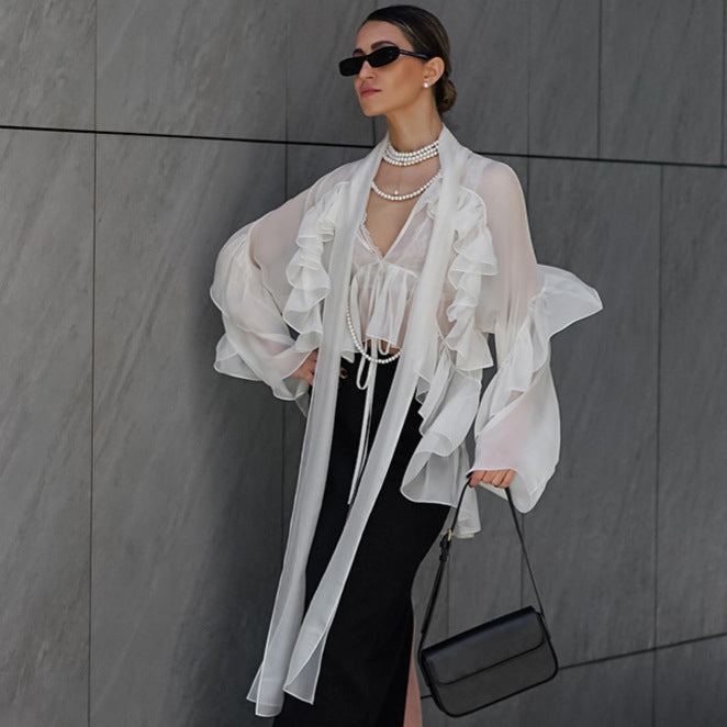 French Spring Summer Ruffled Ribbon Tencel Shirt Women Top