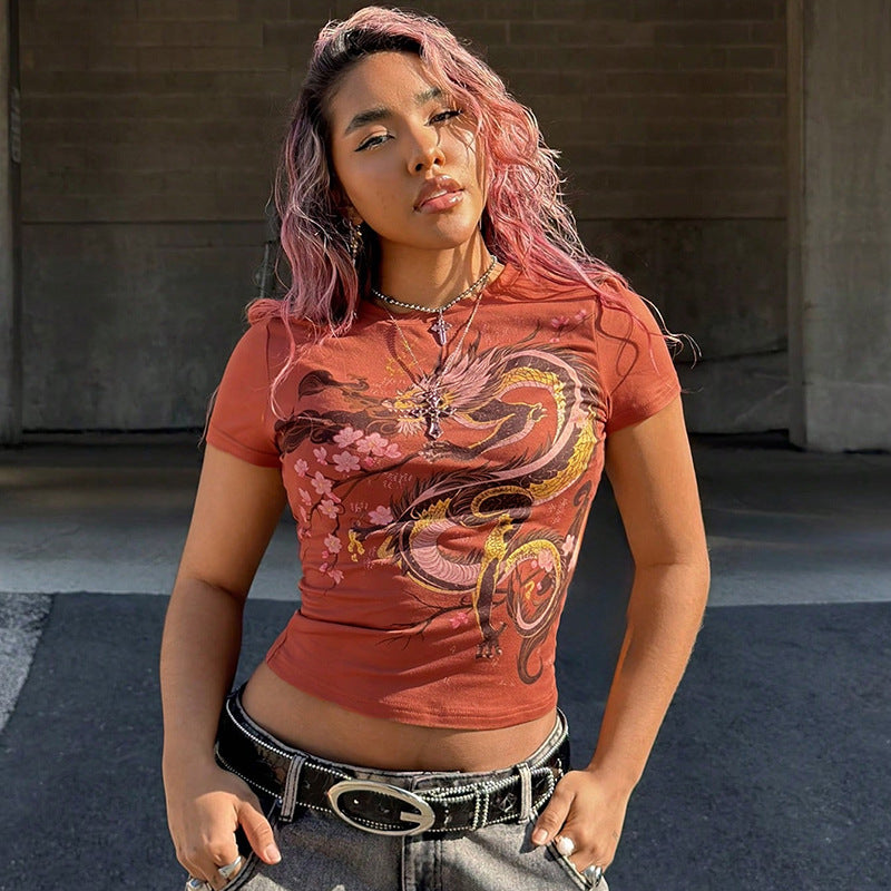 Summer Women Street Trendy Joker Printed Slim Fit Short Sleeved T shirt