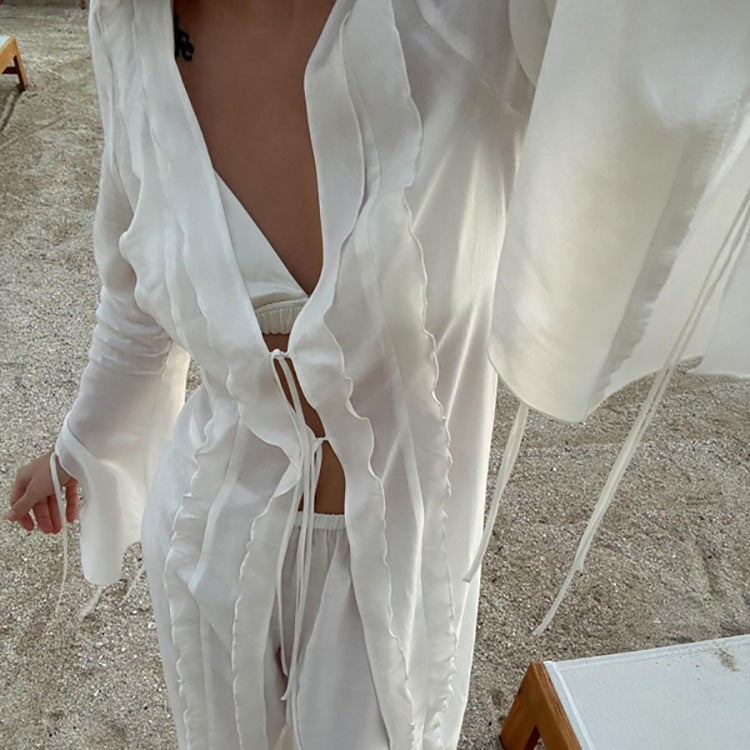 Arrival Vacation Sexy See through Lace up Waist Controlled Robe Two Piece Pants Women Clothing