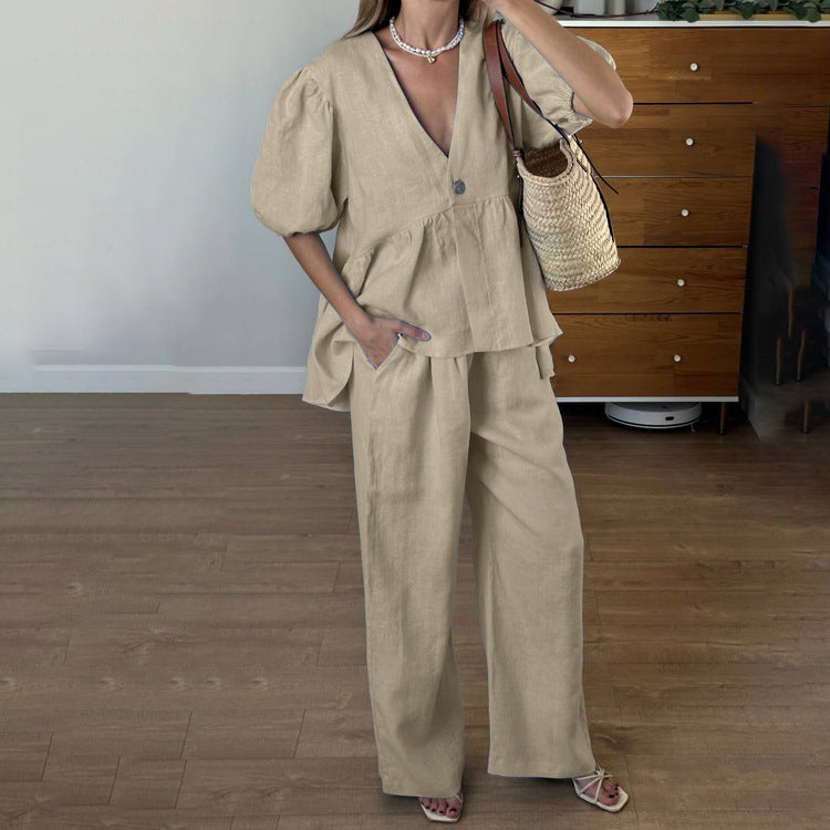 Women Clothing V neck Puff Sleeve Cardigan Top Wide Leg Pants Two Piece Set Spring Summer Cotton Office Sets