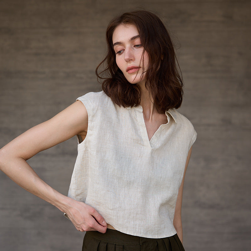 Linen V neck Sleeveless Short Shirt Summer Simple Office Polo Collar Top High Vest for Women