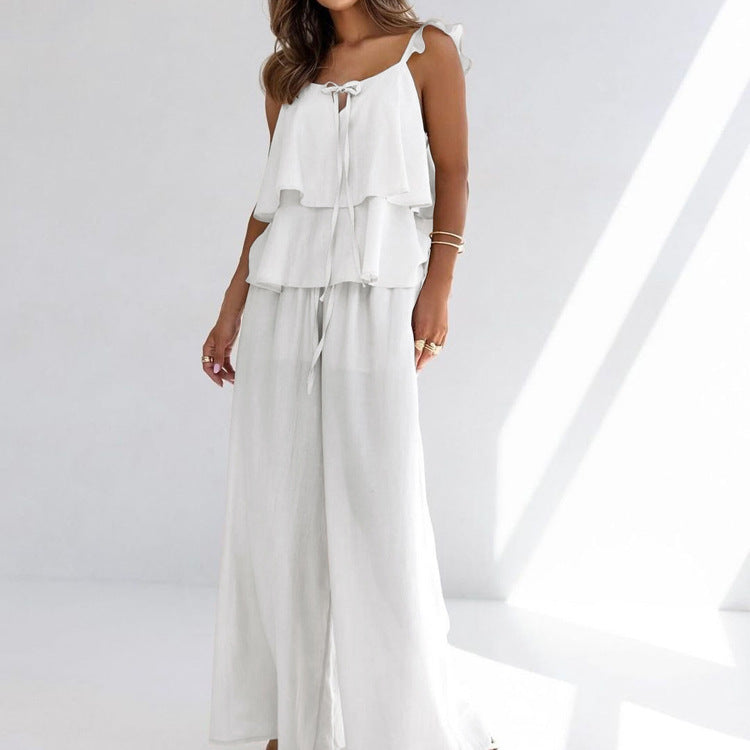 Women Lace up Backless Sleeveless Sling Top Wide Leg Pants Two Piece Summer Outfit