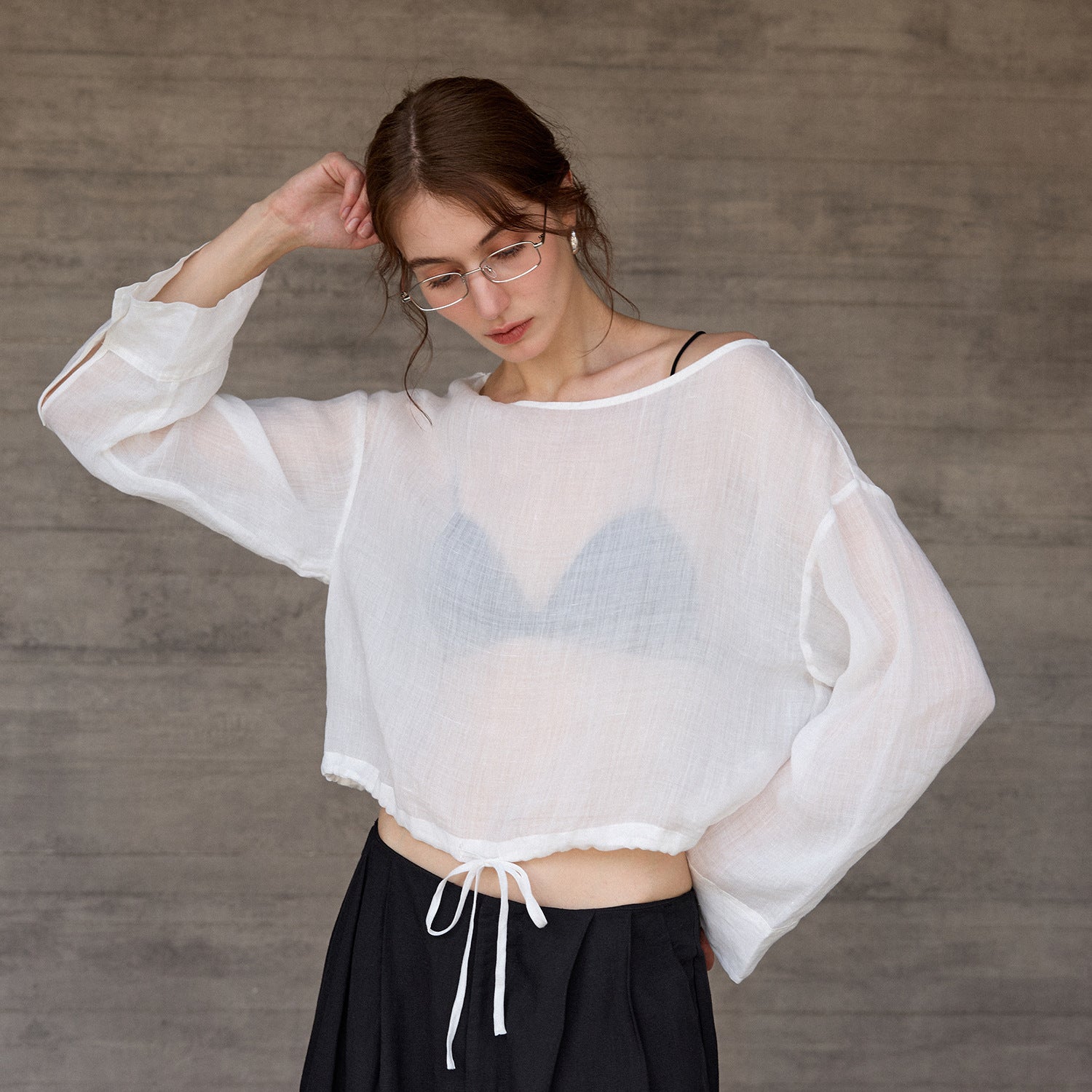 Ramie Long Sleeved Blouse Women Waist Drawstring Design Breathable Top round Neck Solid Color Sun Protection Shirt Summer
