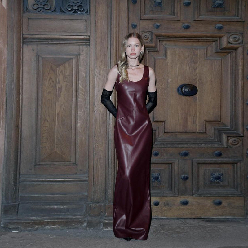Autumn Sexy U Collar Slim Strap Faux Leather Solid Color Split Maxi Dress Women