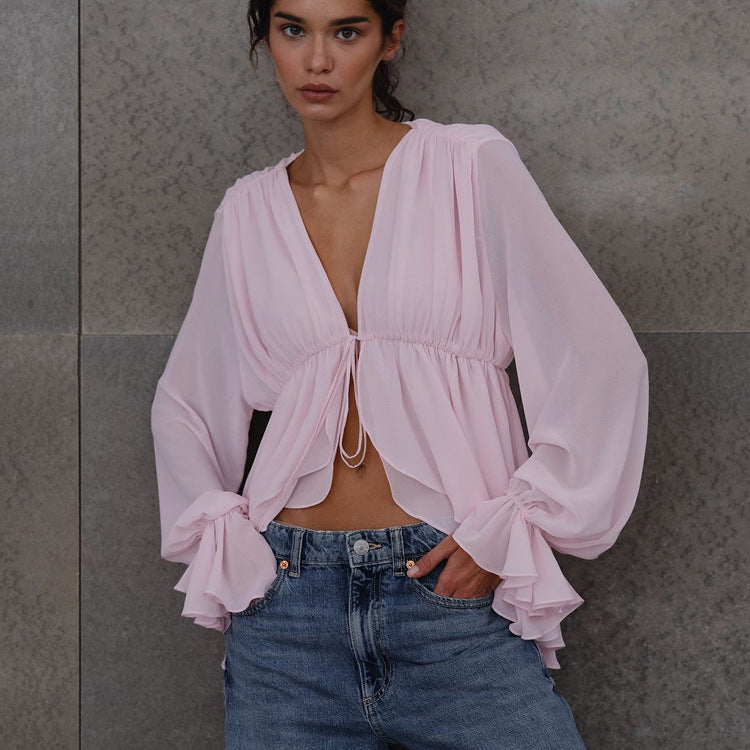 Women Clothing Sexy Sexy Lace up Long Sleeve Top Pleated Loose Design French Shirt Women
