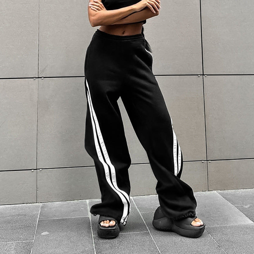 Fall Winter Black Knitted Cool Contrast Color All Matching Trousers Office Lace up Low Waist Casual Pants for Women