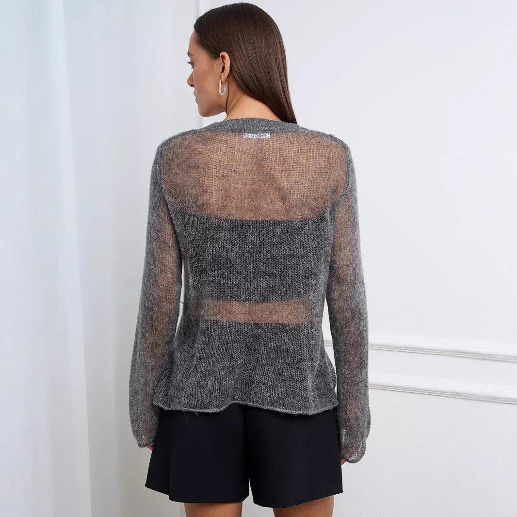 Gray Hollow Out Cutout out Knitted Blouse Women Spring Summer Coat Idle Loose Top Wool Knitted Sweater
