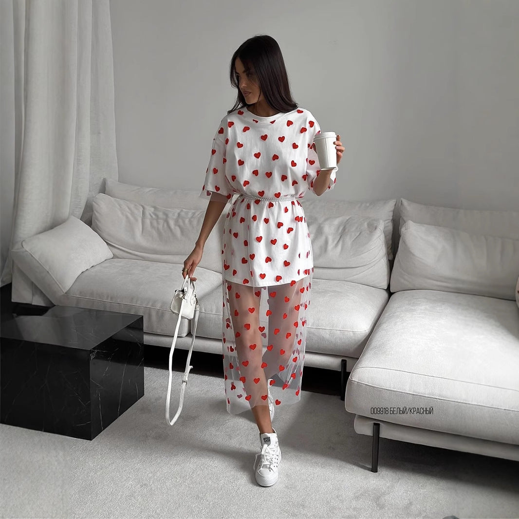 Sexy Women Clothing Long Heart Mesh Stitching Loose Short Sleeve T shirt Dress