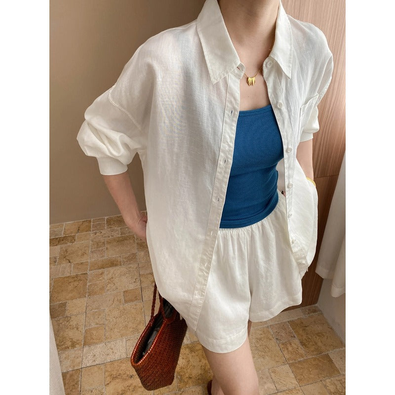 Relaxed Holiday Feeling Lazy Casual Tencel Linen Blended Shirt Shorts Two Piece Set