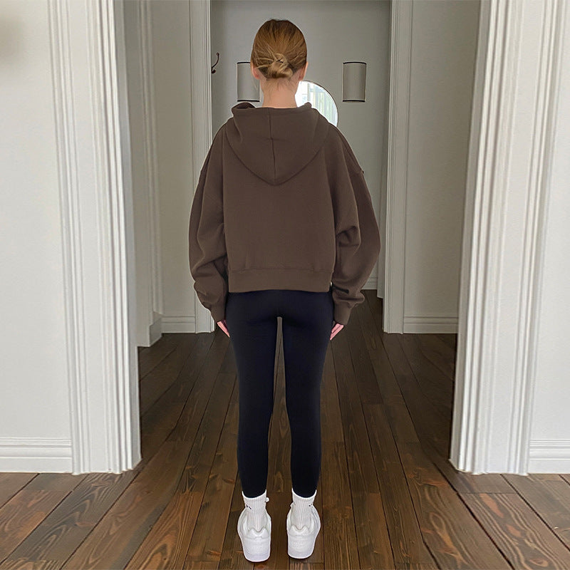 Autumn Winter plus Velvet Zipper Hooded Cardigan Warm Keeping Short Sports Sweatshirt Coat Women Clothing