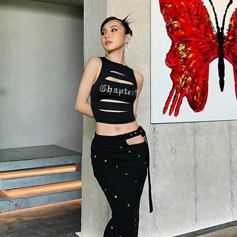 Women Clothing Summer Burnt round Neck Sleeveless Hollow Out Cutout Slim Fit Cropped Outerwear Vest Women