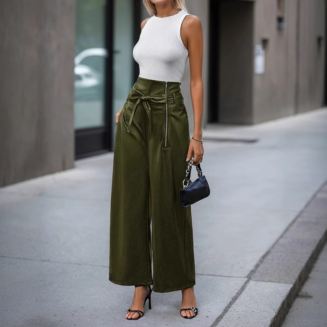 Women Clothing Wide Leg Women Trousers Belt Simple Zipper Loose Casual High Waist Faux Leather Pants