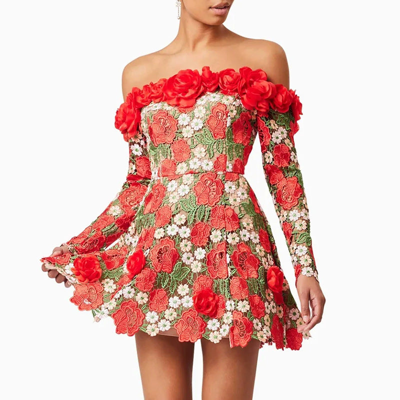 French Pastoral Sexy Tube Top off Shoulder Floral Stitching Long Sleeve Dress