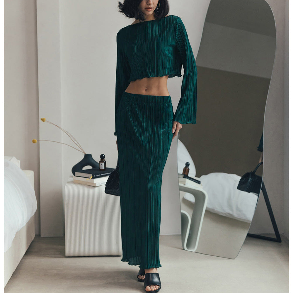 Pleated Women Suit Spring Summer Bell Sleeve Short Top Mid Length Skirt Set