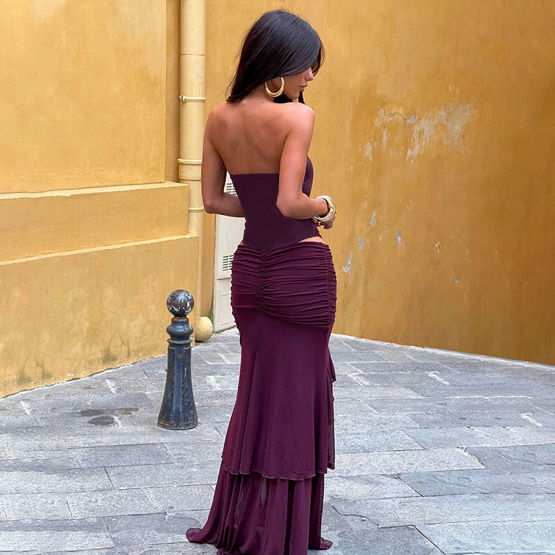 Women Clothing Summer Sexy Tube Top Mesh off Shoulder Top Pleated Ruffled Mid Length Skirt Set