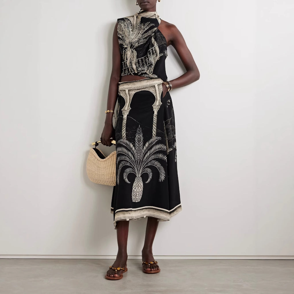 Summer Casual Positioning Printed Satin Top Skirt Two Piece Sets