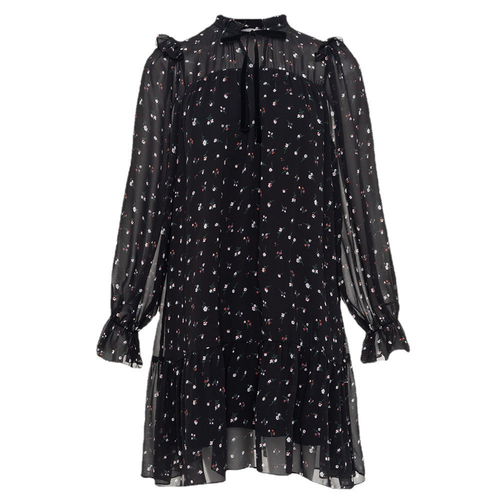 Floral Dress Women Ruffled Neckline Lace up Puff Sleeve Short Chiffon Flare