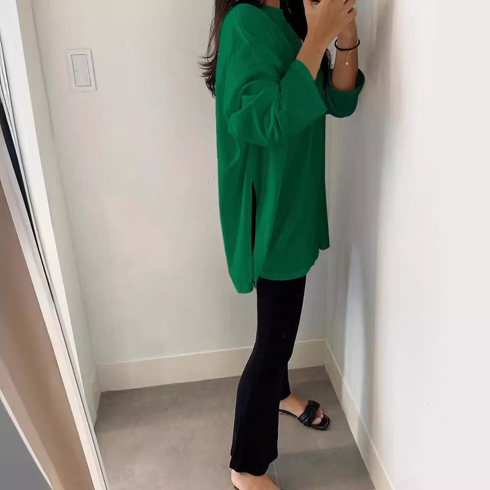 Loose Long Sleeve Split T shirt Women Solid Color Spring Summer Women Clothing Cotton Top