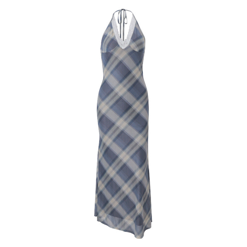 Women Clothing Summer Sexy V neck Lace Plaid Sweet Retro Slim Fit Dress Women