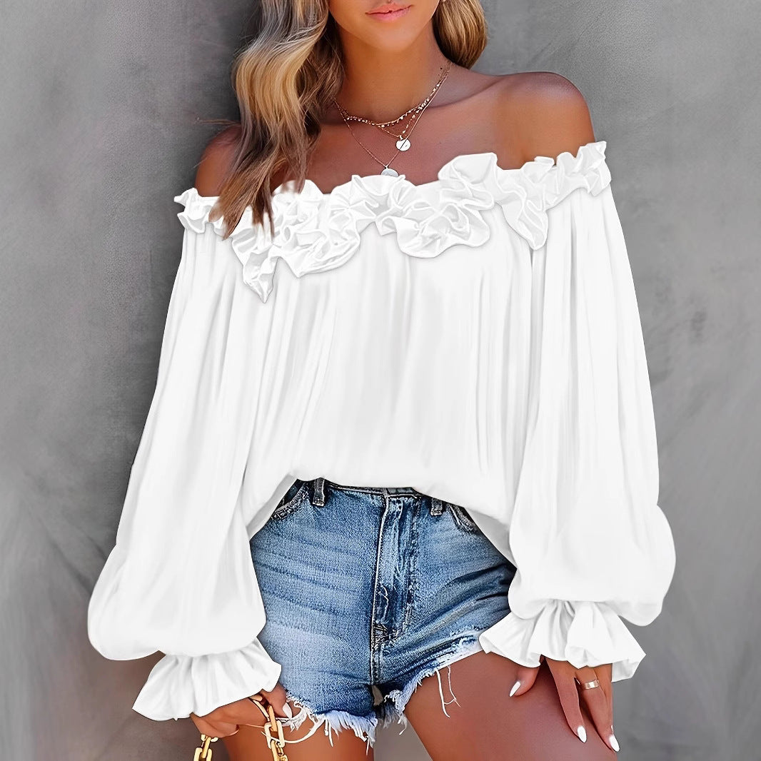 Elegant Casual off Shoulder Shoulder Baring Long Sleeve Top Ruffle Sleeve Loose Mark Women Clothing