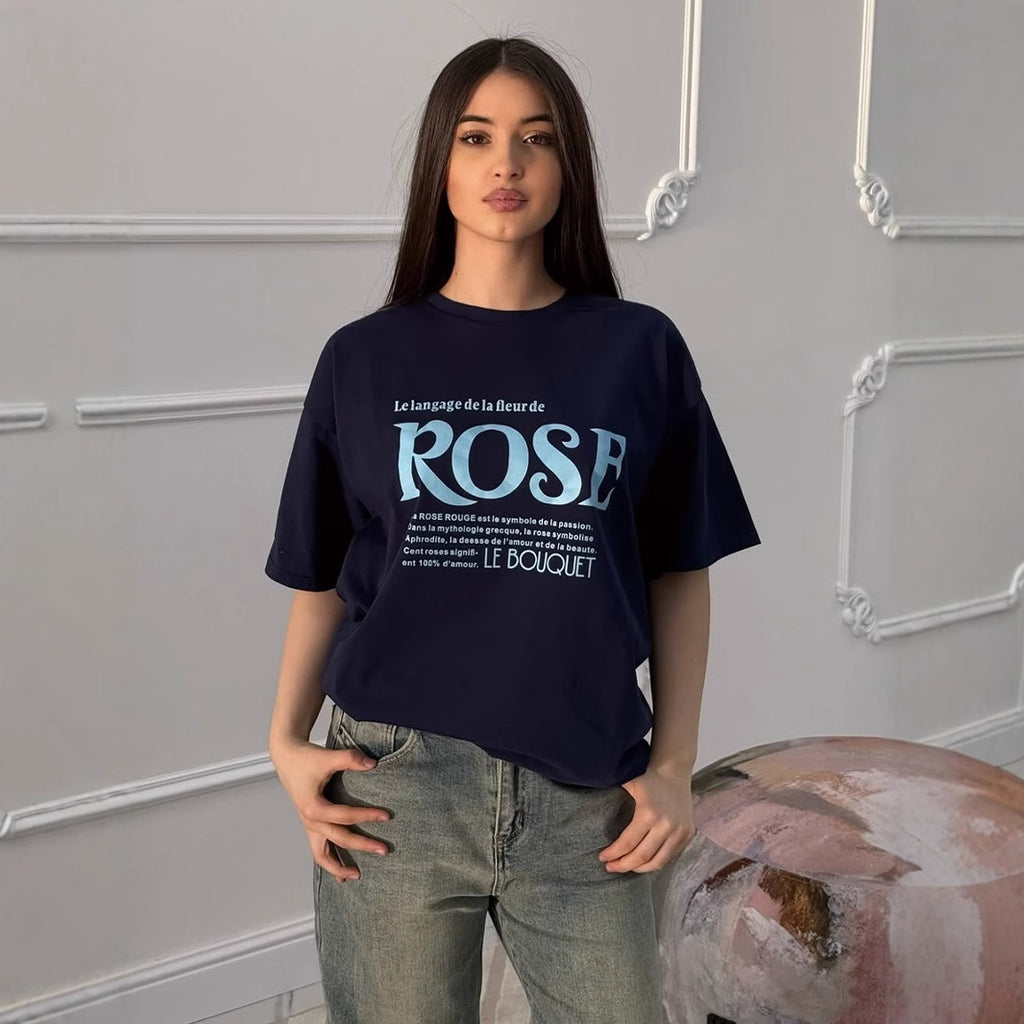 Simple Letter Graphic Print T shirt Women Summer Loose round Neck Cotton Short Sleeve Top