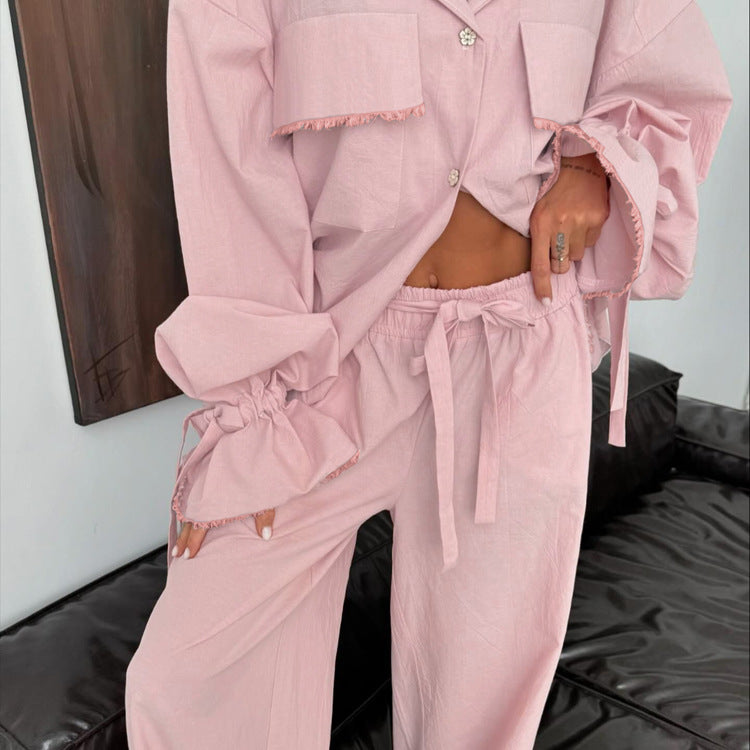 Cotton Suit Women Collared Bell Sleeve Casual Shirt Lace up Wide Leg Pants Two Piece Set