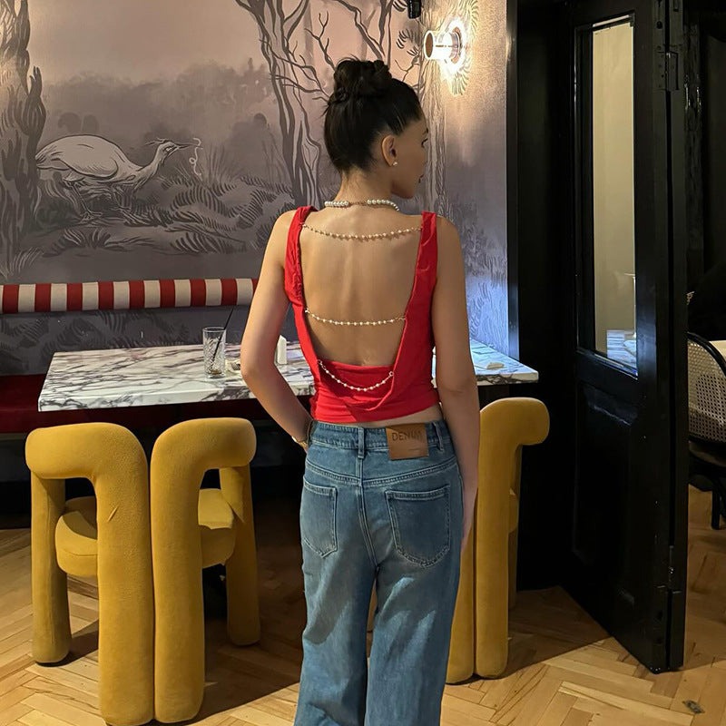 Outdoor Sexy Chain Backless Top Summer All Match Pleated Women