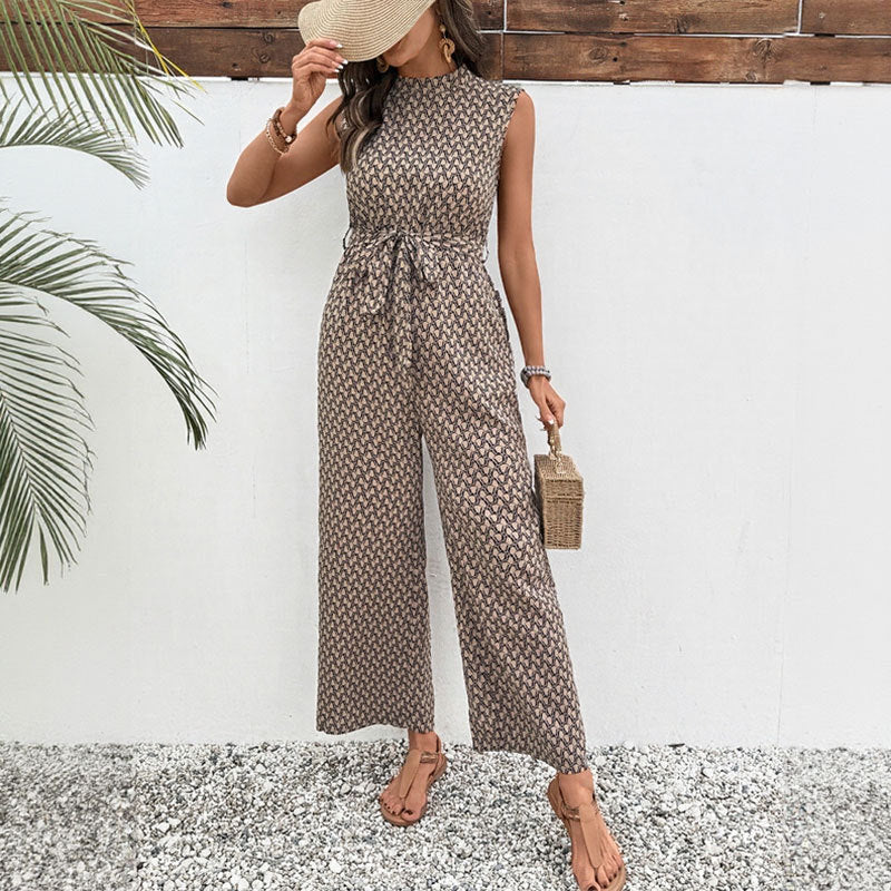 Summer Casual Jumpsuit Lace up Sleeveless Geometric Abstract Printed Jumpsuit