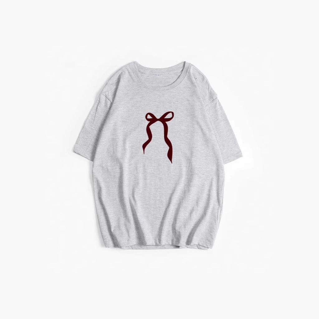 Retro Simplicity Bowknot Printed T shirt Women Summer Loose round Neck Cotton Short Sleeve
