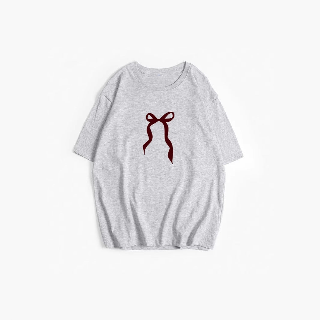 Retro Simplicity Bowknot Printed T shirt Women Summer Loose round Neck Cotton Short Sleeve