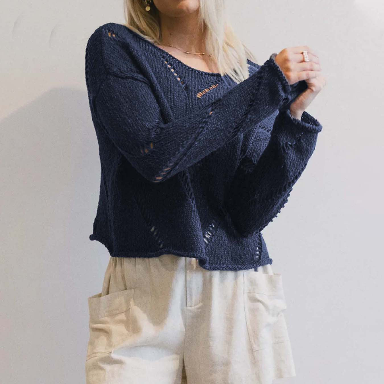 Solid Color Idle Hollow Out Cutout out Thin Knitwear Sweater Women Autumn Long Sleeve Short Top Women