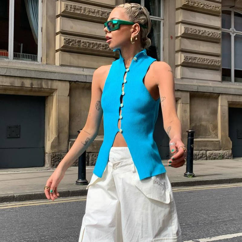Single Breasted Knitted Vest Hollow Out Cutout Knitted Cropped Turtleneck Sleeveless Slim Fit Shape Vest Top Summer