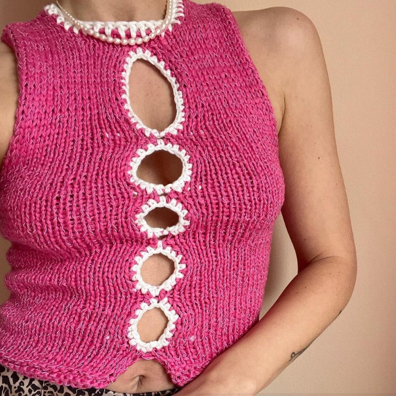 Spring Summer Women Clothing Hand Crocheting Hollow Out Cutout out Knitted Vest Top Sleeveless T shirt