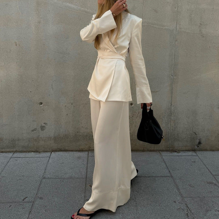 High Grade Satin Office Suit Women Elegant V neck Long Sleeve Tied Top Loose Wide Leg Pants Two Piece Set