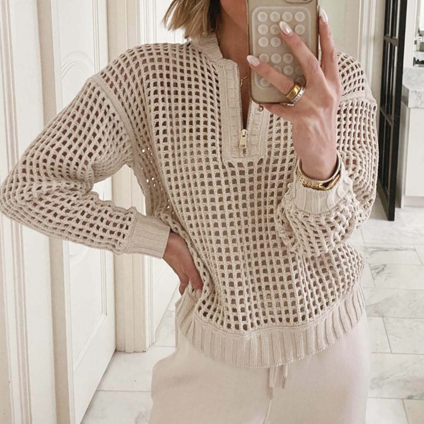 Women Wear Pullover Zipper Half Cardigan Women's Hollow Out Cutout out Long Sleeve Sweater