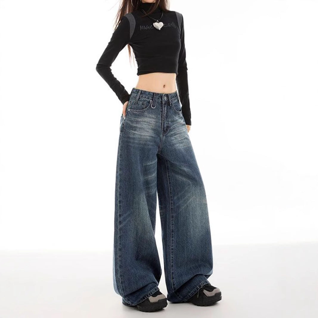 Retro Easy Matching Straight Drooping Wide Leg Women Clothing Denim Trousers