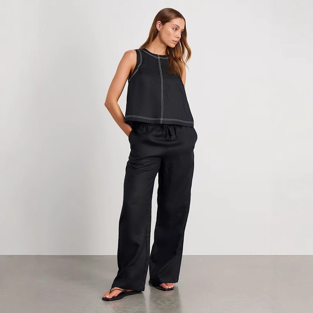 Cotton Linen Vest Pants Set Spring Summer Wide Leg Pants Sleeveless Vest Casual Set Women