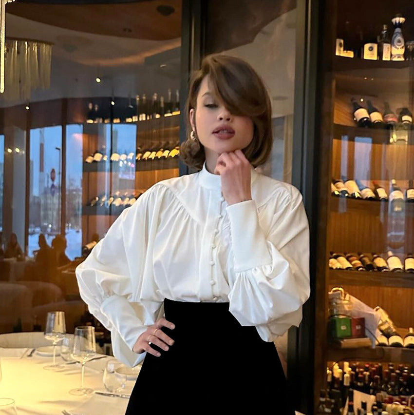 Autumn Winter White Casual Elegant Loose Small Stand up Collar Puff Sleeve Pleated Office Women Shirt