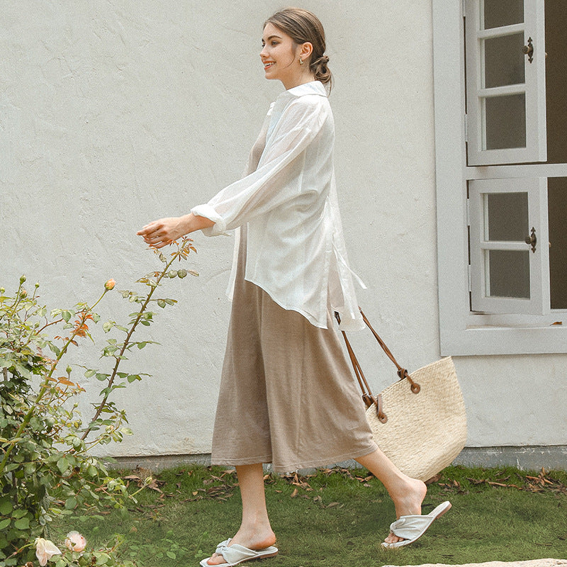 Back Lace Up Tencel Sun Protection Shirt Summer Lazy Wind Micro Transparent Long Sleeve Loose Cardigan Top