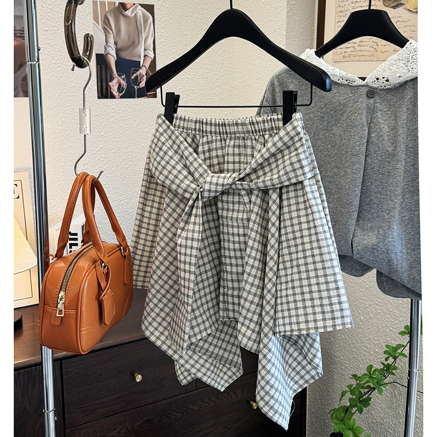 Casual Sports All Match Tie up Plaid Skirt Summer Sexy Irregular Asymmetric Design A line Skirt