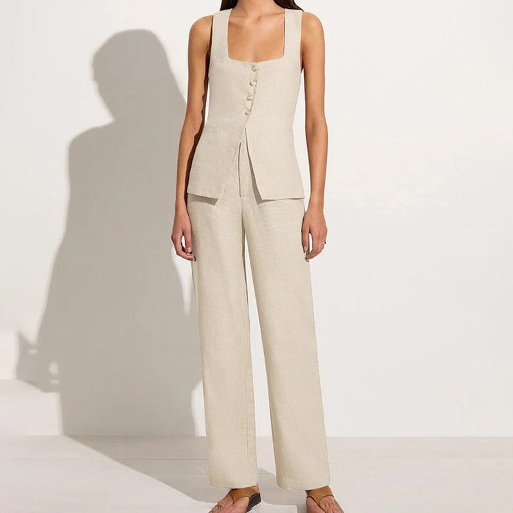 Cotton Linen Women Office Sleeveless Square Collar Lace up Vest Jacket High Waist Wide Leg Pants Two Piece Set