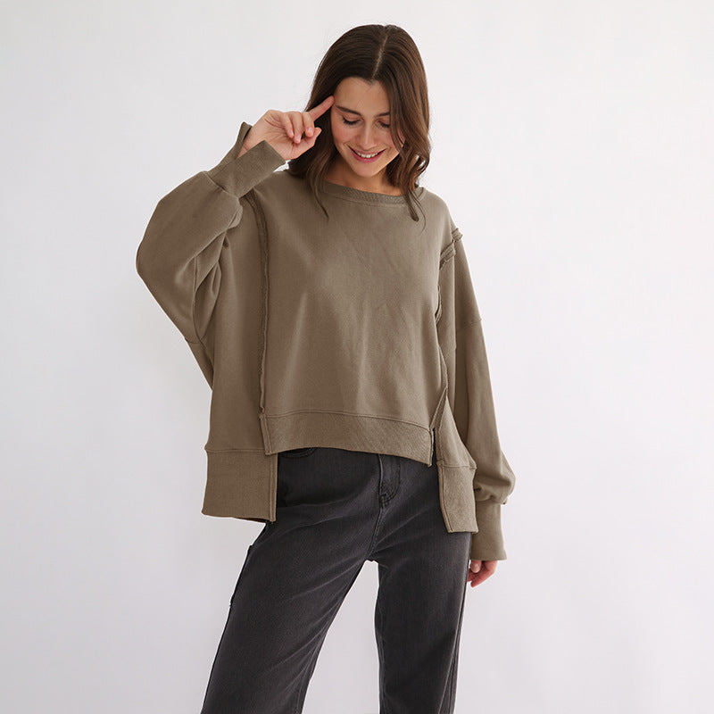 Niche Design Patchwork Sweatshirt Spring Loose Terry Hem Irregular Asymmetric Top Women