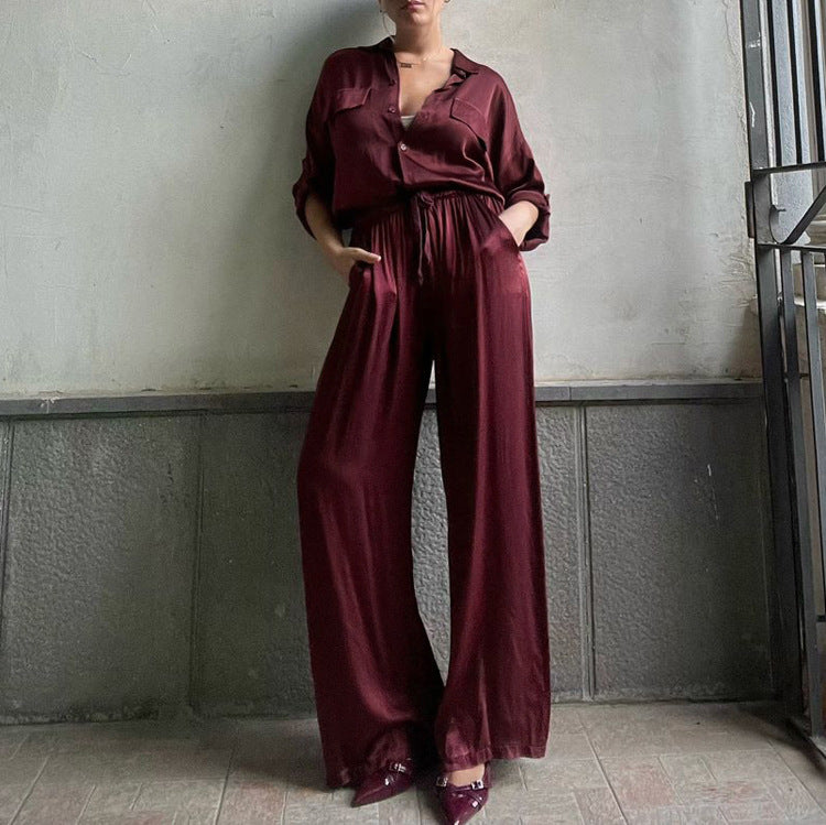 Satin Casual Women Spring Autumn Polo Collar Long Sleeve Loose Shirt High Waist Pants Two Piece Sets