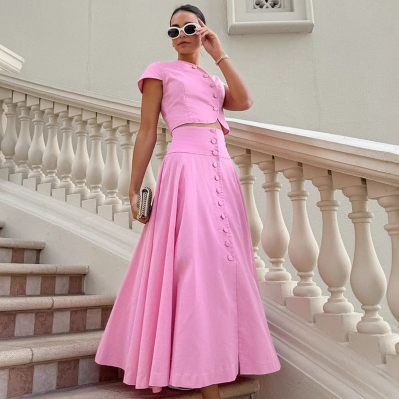 Spring Summer Pink Cotton High Waist V neck Skirt Set Women Two Piece Set