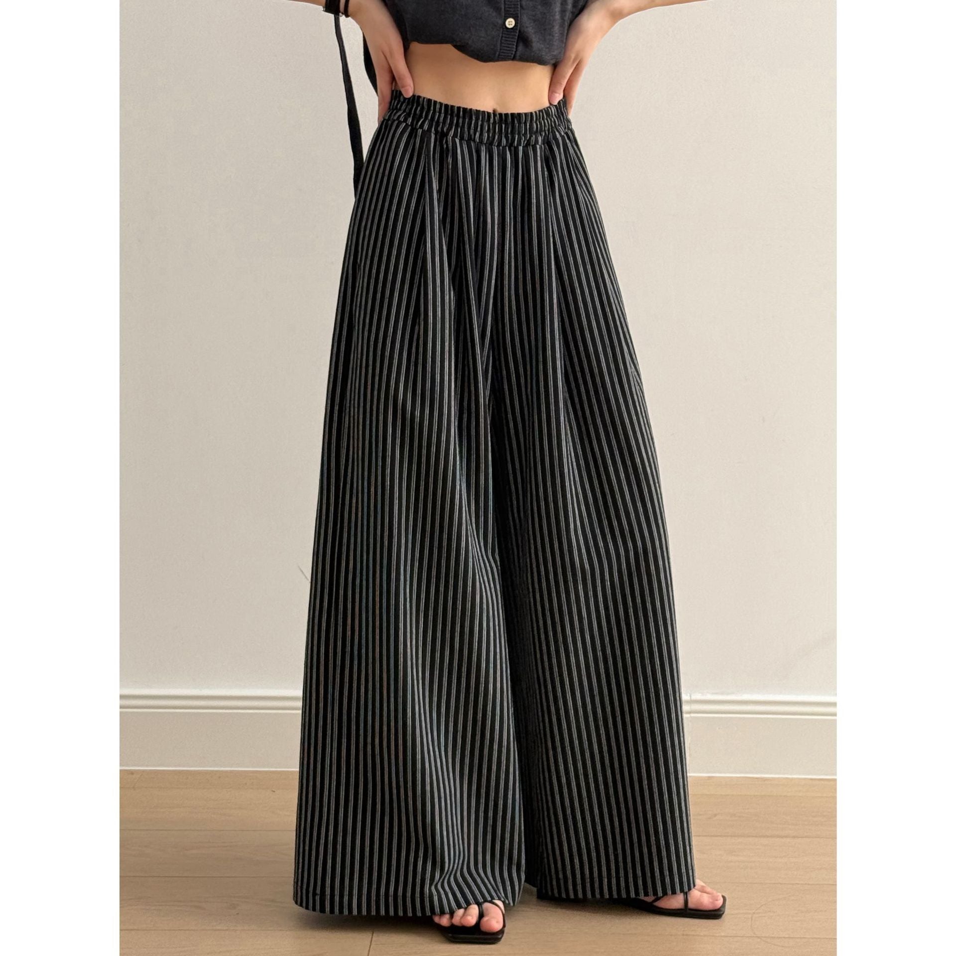 Simple Vertical Striped Casual Pants Women Summer Loose Feeling Loose Wide Leg Draggle Tail Trousers