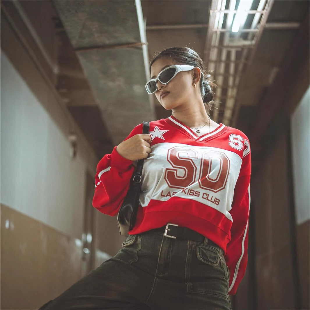 Autumn Letter Graphic Printing Sports Jersey Loose V Collar Contrast Color Long Sleeve Top Women